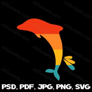 Delphin Retro Sonnenuntergang svg png jpg psd pdf Dateitypen Clipart Sonne 4 Farbpalette Strand Ozean kommerzielle Lizenz Grafik