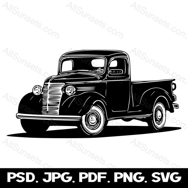 Vintage Antique Classic Pickup Truck SVG 1940's Vehicle 40s Vector Graphic Clipart png psd jpg pdf File Type Commercial Print On Demand Use