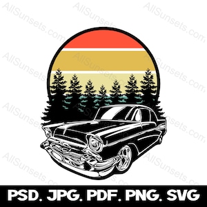 1950er Oldtimer SVG Vintage 50er Hotrod Wald Retro Sonnenuntergang Fahrzeug Vektor Grafik Clipart png psd jpg pdf Dateien kommerzielle Nutzung