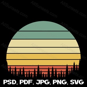 Arbres à feuilles persistantes Rétro Coucher de soleil PNG SVG Fichiers coupés Clipart Sunrise Forest Cutout Sun Blue Tan Yellow Orange Graphics