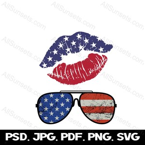 Bandera Americana Labios y gafas de sol PNG SVG PSD Pdf Jpg Archivos Clipart Camiseta a juego 4 de julio Día de la Independencia Parejas Patrióticas
