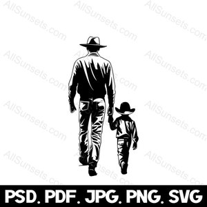 Cowboy papà figlio svg png svg jpg psd tipi di file Rancher padre bambino ragazzo sagoma maschile Wrangler Rodeo Western Vector Clipart