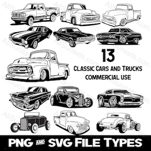 Klassische Autos und Lastwagen 13 Vektoren SVG und PNG Dateityp Vintage Fahrzeuge Antike Autos Grafik Clipart Print On Demand Kommerzielle Nutzung