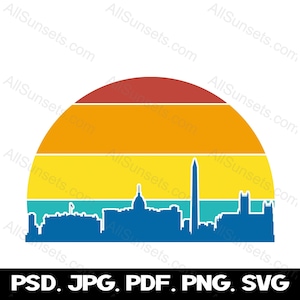 Washington DC Retro Sunset PNG SVG Pdf Psd Jpg Arquivo Clipart Paisagem urbana Licença comercial Imprimir gráfico sob demanda