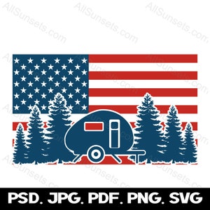 Camping drapeau américain svg png psd pdf jpg Types de fichier camping-car arbres à feuilles persistantes patriotique Etats-Unis usage commercial impression à la demande Clipart graphique