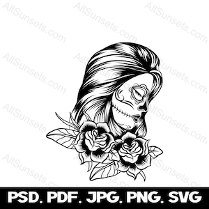 Suiker schedel vrouwelijke SVG png jpg pdf psd bestandstypen Spaanse bloemen vrouw vector Mexicaanse Rose Girl graphics Latijnse dame clipart