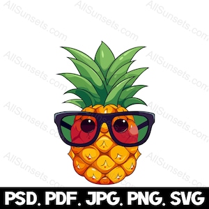 Pineapple Wearing Sunglasses svg png jpg pdf psd File Types Summer Fashion Fruit Character Food Logo Commercial Use Graphic