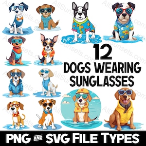 Dogs Wearing Sunglasses SVG PNG File Types 12 Pack Pitbull Chihuahua Boxer Labrador Beach Cartoon Puppy Commercial Use Vectors Clipart