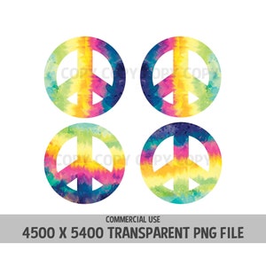Symbole de paix Tie Dye signe de paix arc-en-ciel 4 Pack PNG 70 ' s éléments Hippies aquarelle amour usage Commercial Transparent graphiques Clipart
