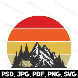 Camping Tente Mountain Forest Retro Sunset Circle svg png jpg pdf psd Types de fichiers Outdoor Adventure Camping Woods Trees Commercial Use Clipart
