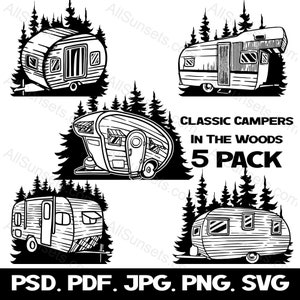 Campeurs classiques dans les bois 5 Pack svg png jpg psd pdf Types de fichiers Clipart Antique Vieux Camping Arbres SVG vintage SVG Utilisation commerciale