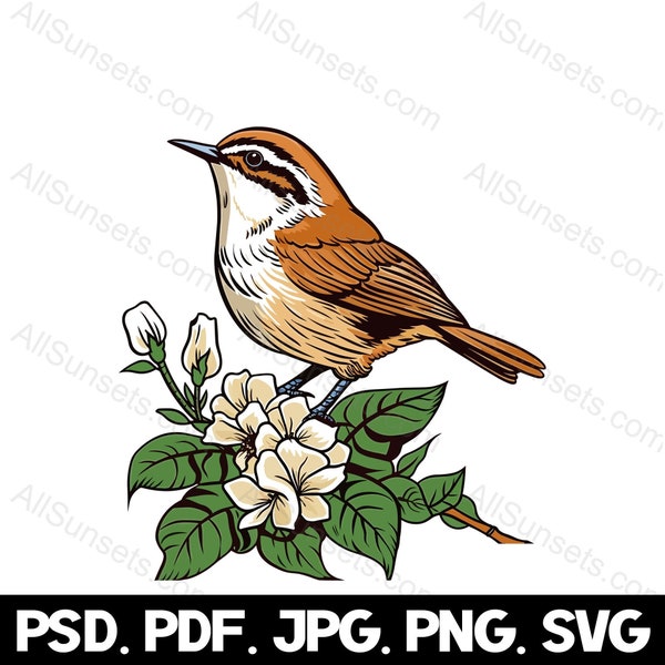 Carolina Wren Clipart svg png psd pdf jpg File Types South Carolina State Bird Flower Tree Branch Commercial Use Print on Demand Graphic