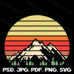Montagnes Arbres Rétro Coucher de Soleil PNG SVG Cut Files vintage Utilisation Commerciale Impression à la demande Clipart