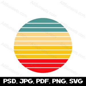 Retro Vintage Sunset png svg jpg psd pdf File Types Clipart Sun 4 Color Palette Commercial License Print on Demand Graphics