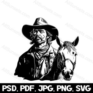 Cowboy Pferd Portrait Silhouette svg png svg jpg psd Dateitypen Wild West Wrangler Rodeo Western Vektor Clipart
