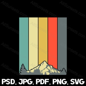 Forêt de montagne Rétro Coucher de soleil Rayures verticales svg png jpg pdf psd Types de fichiers Utilisation commerciale Aventure en plein air Camping Bois Arbres Clipart