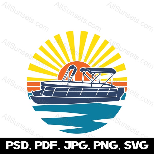 Pontoon Boat Retro Sunset PNG SVG Clipart Lake Ocean Water Waves Sun Rise Commercial License Graphic