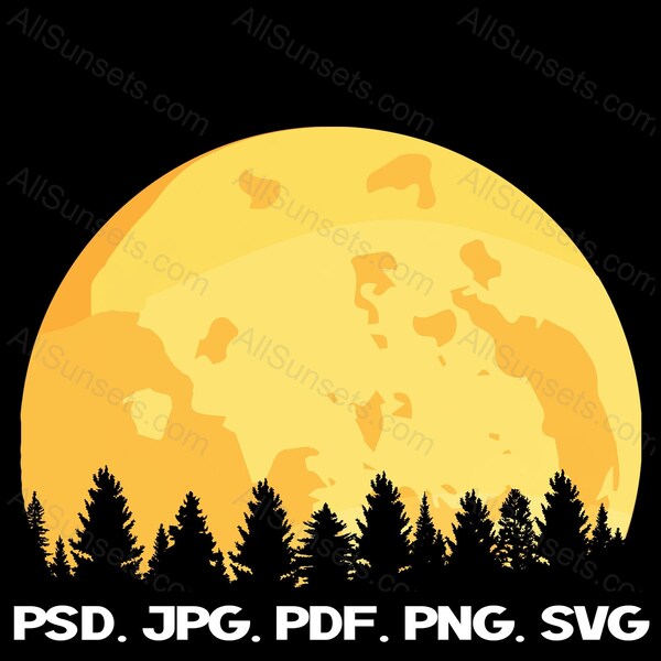 Full Moon Forest Evergreen Trees svg png jpg psd pdf File Types Yellow Halloween Commercial Use Print on Demand Clipart