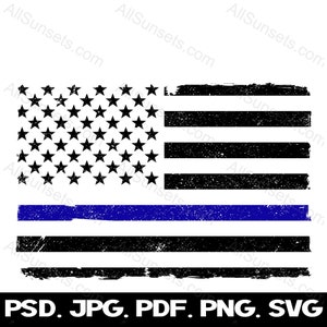 Bandera Americana Delgada Línea Azul PNG y SVG Archivos de Corte Clipart Policía Memorial Grunge Patriótico EE.UU. Uso Comercial Impresión bajo Demanda Gráficos