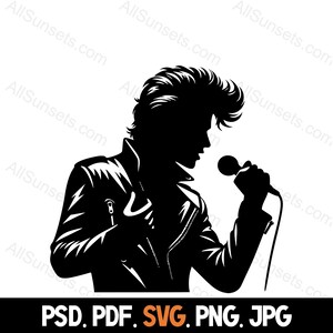 Cantante masculino Silueta svg png svg jpg psd Tipos de archivos Música Voz Micrófono Silueta Vector Uso comercial Impresión bajo demanda Gráfico
