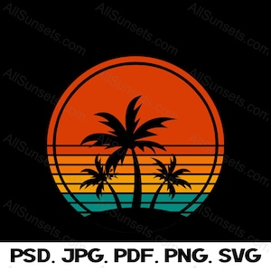 Palmen Strand Retro Sonnenuntergang Grafik Clipart Sommerzeit Urlaub Logo Kommerzielle Nutzung oder Print on Demand svg png eps jpg psd Dateitypen