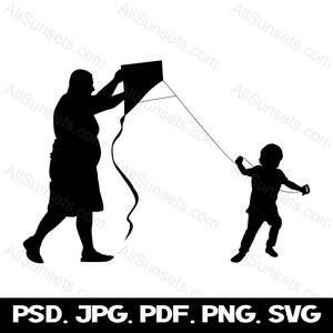 Dad Bod Chubby Man Flying Kite Black Silhouette SVG Person Vector Graphic Clipart png psd jpg pdf File Type Print on Demand Commercial Use