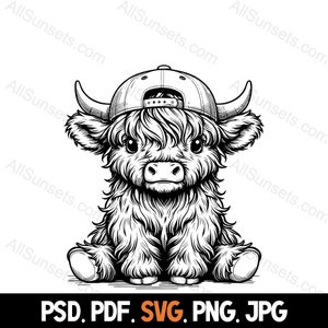 Silueta de vaca bebé de las Tierras Altas con gorra de béisbol SVG, PNG, PDF, JPG y PSD. Tipos de archivo: Ganado de pelo largo, uso comercial, impresión a pedido, clipart.