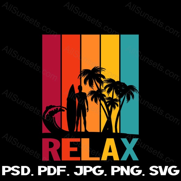 Relax Beach Palm Trees Surfing Retro Stripes Sunset svg png jpg pdf psd File Types Clip Art Print on Demand Commercial Use