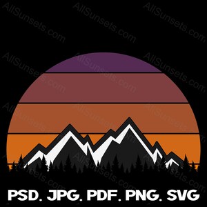 Rétro vintage Sunset svg png jpg pdf psd Types de fichiers Snow Mountain Arbres à feuilles persistantes Sunrise Forest Utilisation commerciale Impression à la demande Graphique