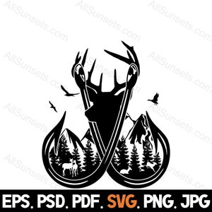 Cabeza de ciervo montañas patos bosque anzuelos de pesca escena Clipart, caza de ciervos, cabeza de dólar, Cricut, png svg psd eps jpg tipos de archivo pdf