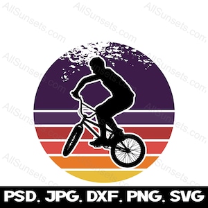 Retro Sunset Boy Bike Rider PNG SVG Psd Pdf Jpg BMX Jumping Utilisation commerciale Imprimer à la demande Clipart