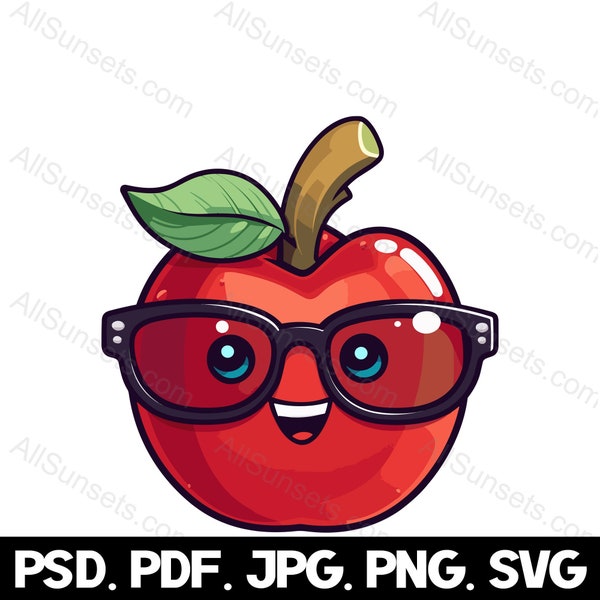 Apple Wearing Sunglasses svg png jpg pdf psd File Types Teacher Summer Fruit Character Fashion Food Logo Commercial Use Graphic