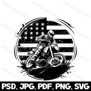 Motocicletta Bandiera americana svg png jpg psd pdf Tipi di file Dirt Bike Patriotic USA Racing Trail Rider Uso commerciale Grafica Clipart