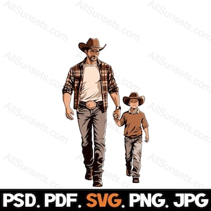 Vaquero Padre Hijo svg png svg jpg psd Tipos de archivos Papá Niño Niño Hombre Rodeo Western Vector Comercial Nosotros para impresión bajo demanda Color Clipart