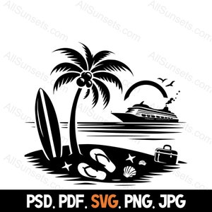 Vacanza in nave da crociera Palma Isola Tramonto Tavola da surf Silhouette svg png jpg pdf psd Tipi di file Uso domestico o commerciale per la stampa su richiesta
