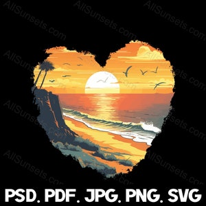 Penhascos à beira-mar Pôr do sol em formato de coração svg png jpg pdf psd Tipos de arquivo Pôr do sol Ondas do mar Retro Impressão sob demanda Uso comercial