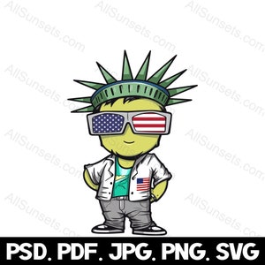 Personagem da Estátua da Liberdade svg png jpg pdf psd Tipos de arquivo usando óculos de sol patrióticos 4 de julho Gráfico de uso comercial de Nova York