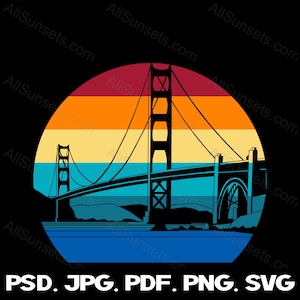 May include: A silhouette of the Golden Gate Bridge in San Francisco, California, with a retro sunset behind it. The bridge is black, and the sunset is a gradient of red, orange, yellow, and blue.