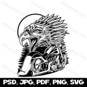 Motorrad Adler SVG Wald Sonnenuntergang Vektorgraphiken Clipart svg png psd jpg eps Dateitypen Biker Rider Kommerzielle Nutzung Print on Demand