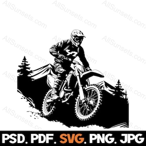 Motocross Dirt Bike svg png jpg pdf psd Tipi di file Motorcycle Racer Mountain Trails Silhouette Uso commerciale Stampa su richiesta Clipart