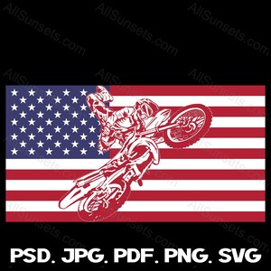 Moto acrobatica saltando bandiera americana svg png psd jpg pdf Tipi di file Dirt Bike grafica vettoriale Clipart uso commerciale Stampa su richiesta