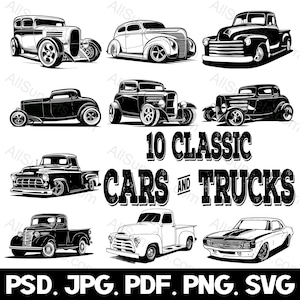 Voitures classiques et camions 10 svg png jpg psd pdf Types de fichiers Véhicules anciens Graphiques Clipart usage commercial