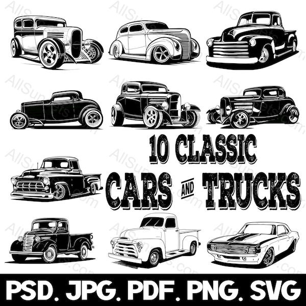 Classic Cars and Trucks 10 svg png jpg psd pdf File Types Vintage Vehicles Antique Automobiles Graphics Commercial Use Clipart