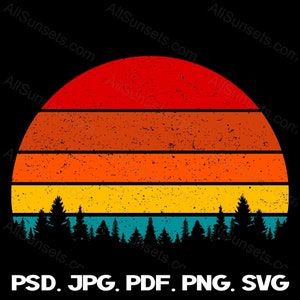 Rétro vintage coucher de soleil forêt arbres svg png jpg psd pdf Types de fichiers Clipart rouge Orange jaune bleu utilisation commerciale impression à la demande graphique