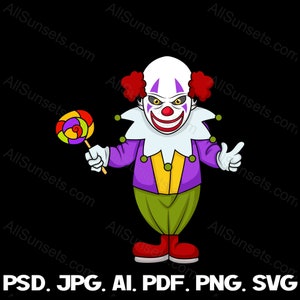 Evil Clown svg png ai pdf psd jpg Tipos de arquivo Killer Circus Lollypop Horror Creepy Scary Spooky Joker Uso comercial Imprimir sob demanda Clipart