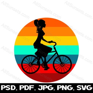 Girl On Bike Retro Sunset svg png jpg pdf psd Tipi di file Clip Art Donna Bicicletta Cerchio Lady Biking Stampa su richiesta Uso commerciale