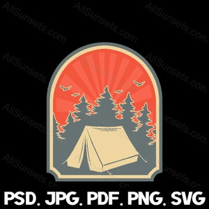 Tente de camping Forêt de montagne Rétro Coucher de soleil Sunburst svg png jpg pdf psd Types de fichiers Aventure en plein air Bois Arbres Utilisation commerciale Clipart