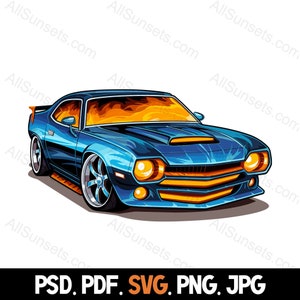 May include: A blue and orange custom muscle car with flames painted on the bonnet. The car has a black interior and large wheels.