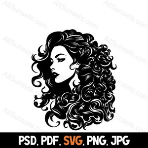 女性の長い巻き毛の流れるような髪の美しい顔のシルエット svg png pdf jpg psd ファイルタイプ 女性 女性 ベクター オンデマンド印刷用の商用利用