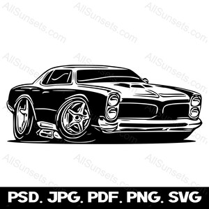 May include: Black and white illustration of a classic muscle car. The car has a large hood, a wide grille, and large wheels. The car is drawn in a cartoon style.